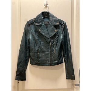 Blanc Noir Black Dark Teal snakeskin Leather Moto Jacket size S NWT Biker